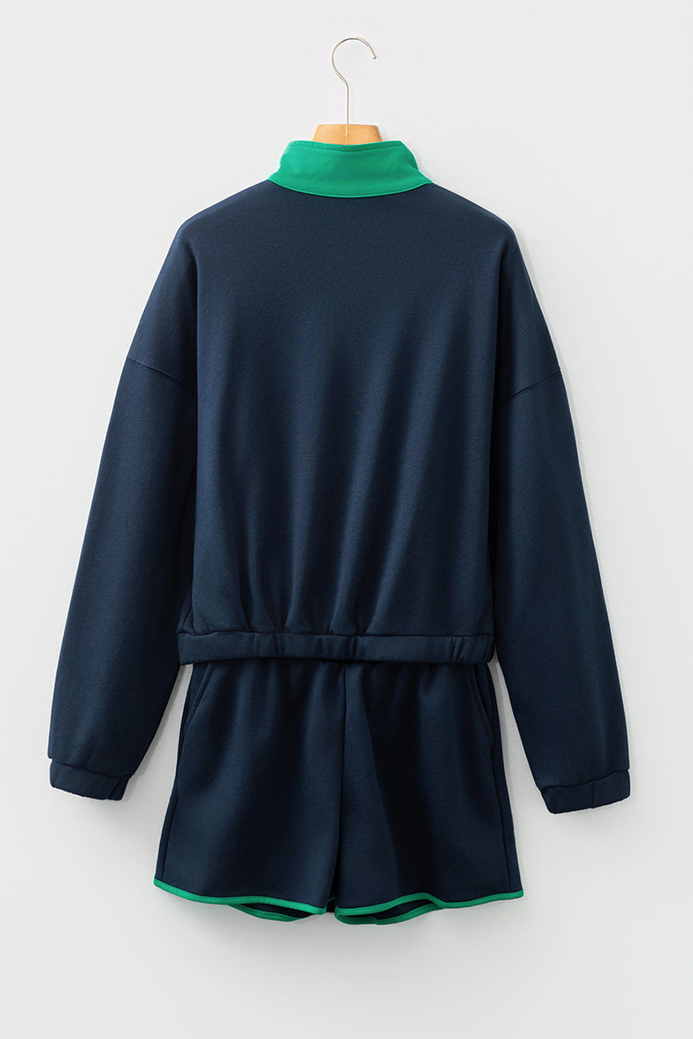 Navy Blue Color Block Patchwork Half Button Pullover and Shorts 2pcs Outfit