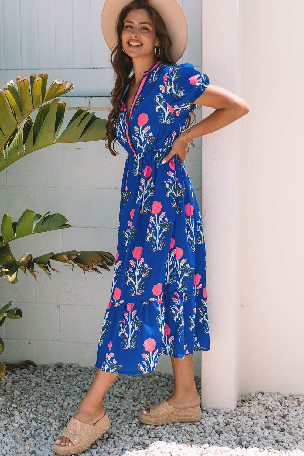 Floral Puff Short Sleeve V Neck High Waist Maxi Dress