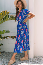 Floral Puff Short Sleeve V Neck High Waist Maxi Dress