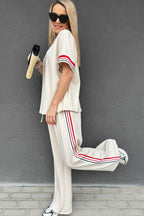 Jet Stream Contrast Striped Trim Crewneck T Shirt Loose Straight Pants Set