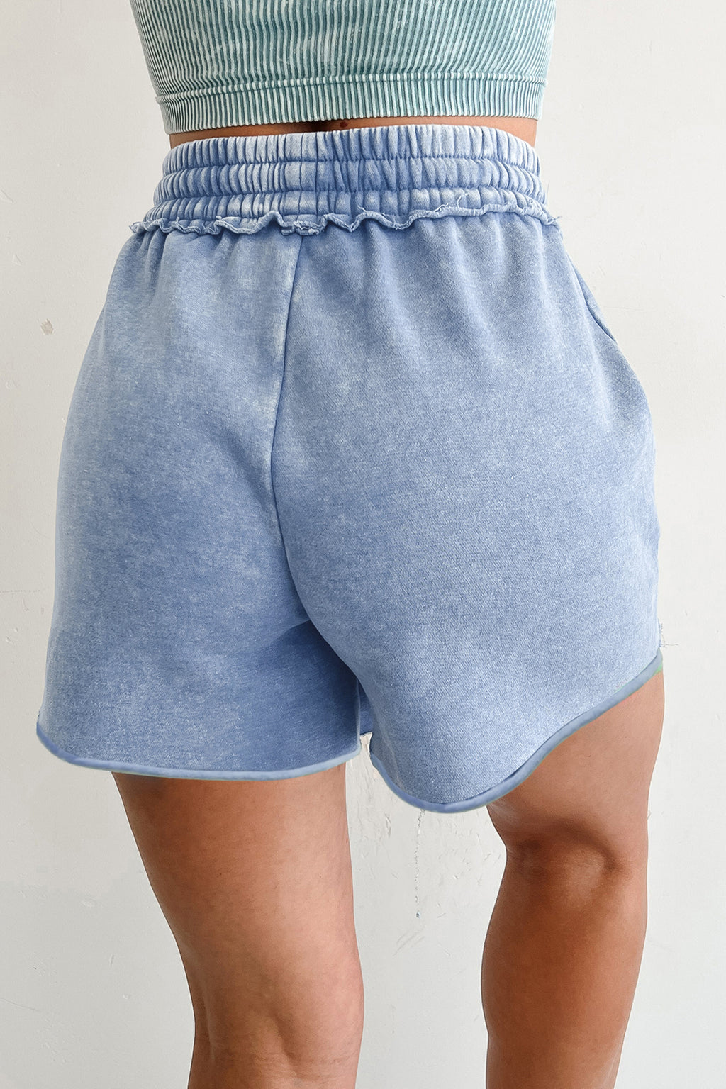 Mineral Washed Drawstring Elastic Waist Raw Cut Shorts