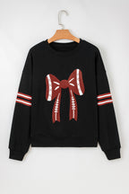 Black Varsity Baseball Bow Graphic Striped Sleeve Baggy Sweatshirt