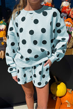 Polka Dot Print Drop Shoulder Pullover Drawstring Shorts Set
