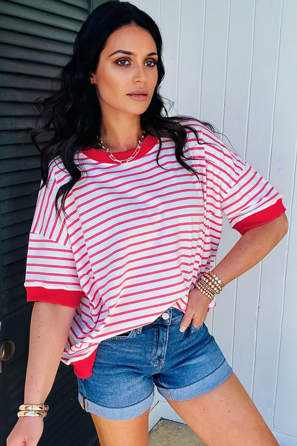 Red Stripe Drop Shoulder Half Sleeve T Shirt