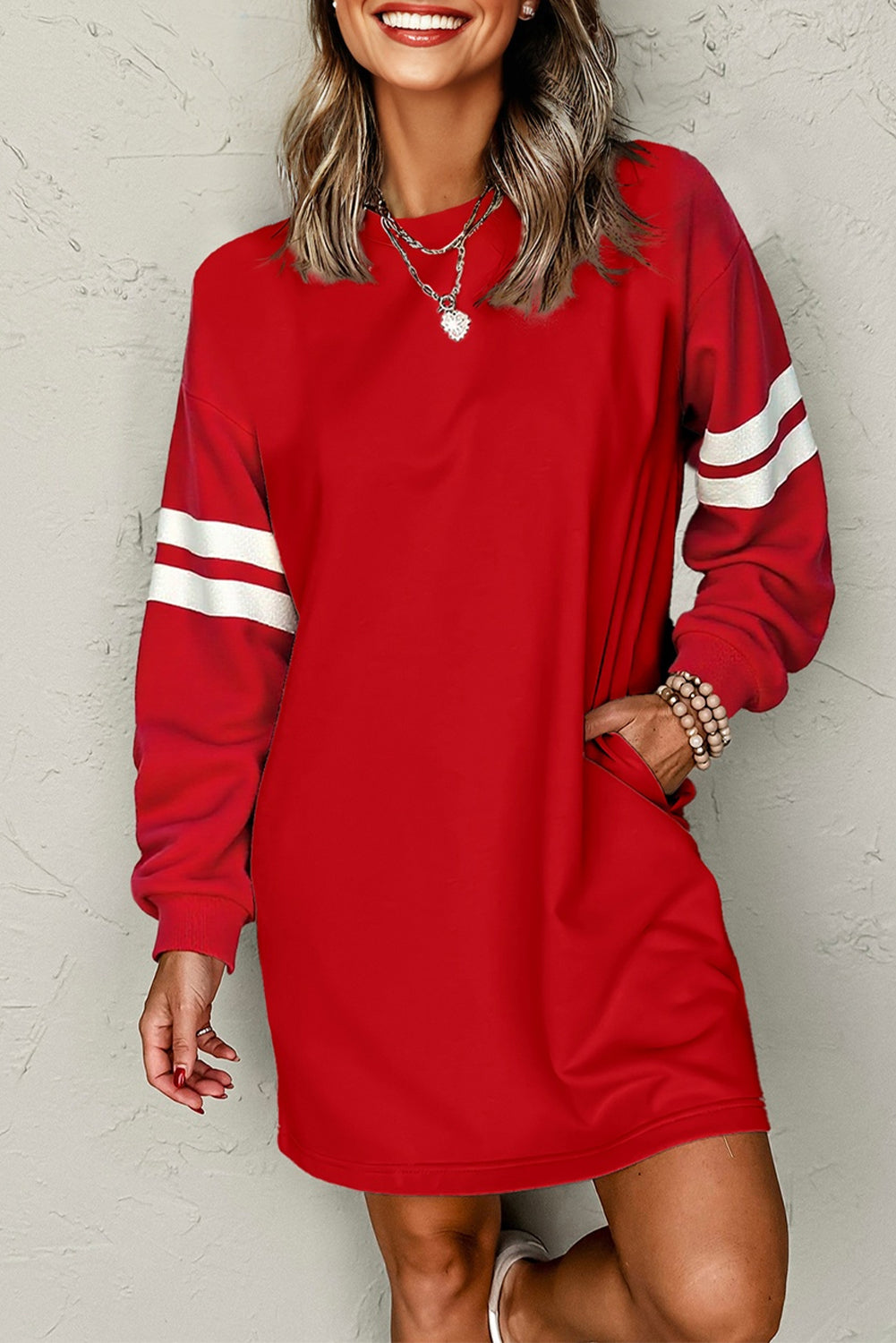 Sky Blue Varsity Contrast Banded Sleeve Shift Sweatshirt Dress