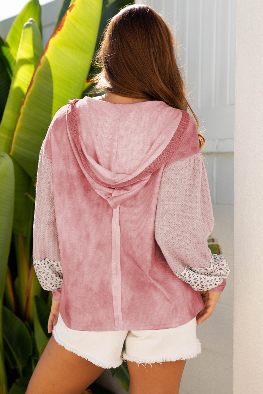 Floral Patched Waffle Textured Colorblock V Neck Casual Hooded Top