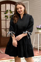 Black Contrast Trim Knot Cuffs Plus Size V Neck Mini Dress