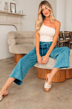 Mineral Wash Lace-up High Waist Raw Hem Patched Pocket Pants