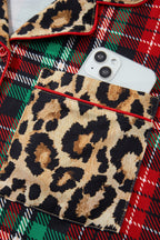 Racing Red Retro Plaid Leopard Print Patchwork Long Sleeve Shorts Pyjama Set