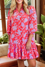 Red Floral Three Quarter Sleeves Ruffle Hem Mini Dress