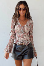 Red Floral Print Stitched Detail Tie V Neck Long Bell Sleeve Blouse