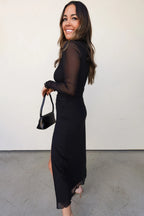 Black Sheer Mesh Long Sleeve Twisted Knot Side Slit Midi Dress