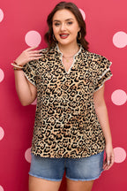 Khaki Plus Size Leopard Print Stitch Detail Ruffled Short Sleeve Blouse