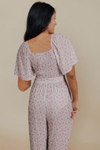 White Smocked Short Sleeve Wide Leg Floral Print Jumpsuit