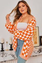 Orange Checkered Bubble Sleeve Drop Shoulder Open Cardigan