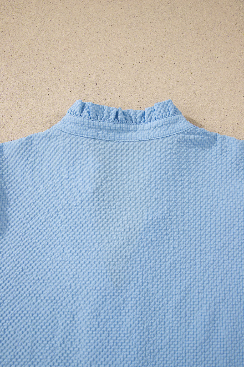 Beau Blue Flower Embroidered Puff Sleeve Split Neck Textured Blouse