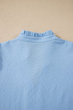 Beau Blue Flower Embroidered Puff Sleeve Split Neck Textured Blouse