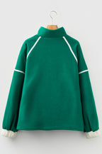 Dark Green Half Zip Contrast Trim Pocketed Plus Size Fleece Sweatshirt