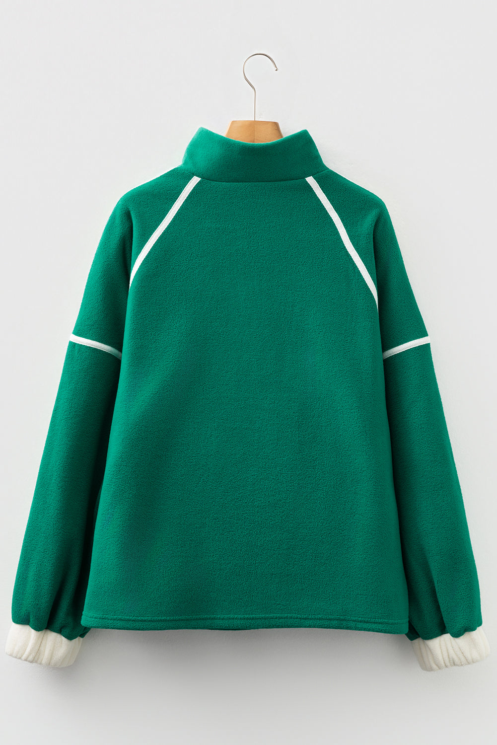 Dark Green Half Zip Contrast Trim Pocketed Plus Size Fleece Sweatshirt