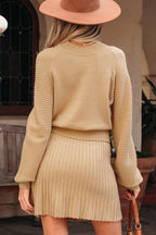High Neck Puff Sleeve Sweater Pleated Mini Skirt 2pcs Knitted Outfit