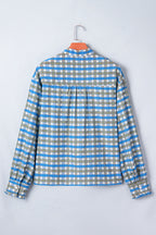 Sky Blue Plaid Long Sleeve Frilled Detail Half Button Blouse