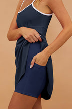 Navy Blue Color Block Edge Ribbed Pocketed Lined Swim Dress