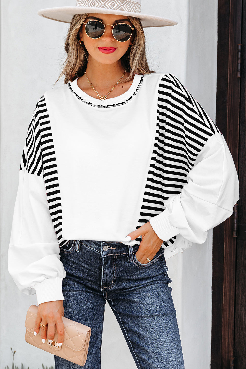Green Stripe Colorblock Patchwork Contrast Stitching Oversize Sweatshirt