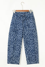 Blue Leopard Printed Drawstring Elastic Waistband Pocketed Wide Leg Jeans