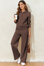 Dark Brown Solid Collared Sweatshirt and High Waist Pants Active Set