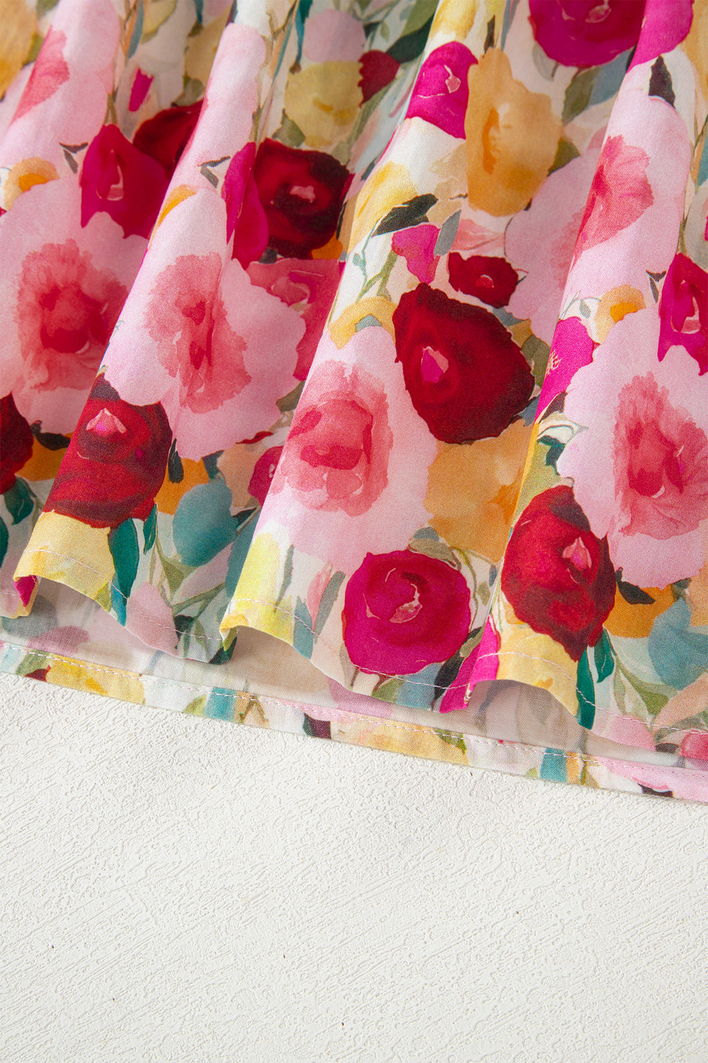 Pink Floral Frilled V Neck Puff Short Sleeve Blouse