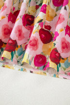 Pink Floral Frilled V Neck Puff Short Sleeve Blouse