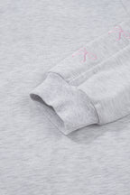 Light Grey Girly Bow Embroidered Puff Sleeve Pullover Loose Shorts Plus Size 2pcs Outfit