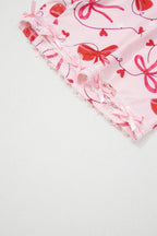 Red Romantic Bow Print Loose Tee Drawstring Shorts 2pcs Lounge Set