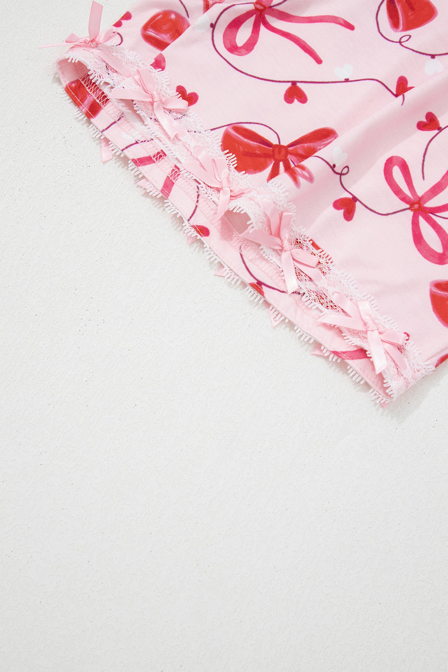 Red Romantic Bow Print Loose Tee Drawstring Shorts 2pcs Lounge Set