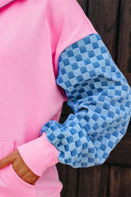 Parchment Checkered Patchwork Kangaroo Pocket Half Zipper Hoodie