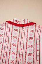 Red Sweet Floral Heart Bow Print Contrast Trim Long Sleeve Shirt Pyjama Short Set