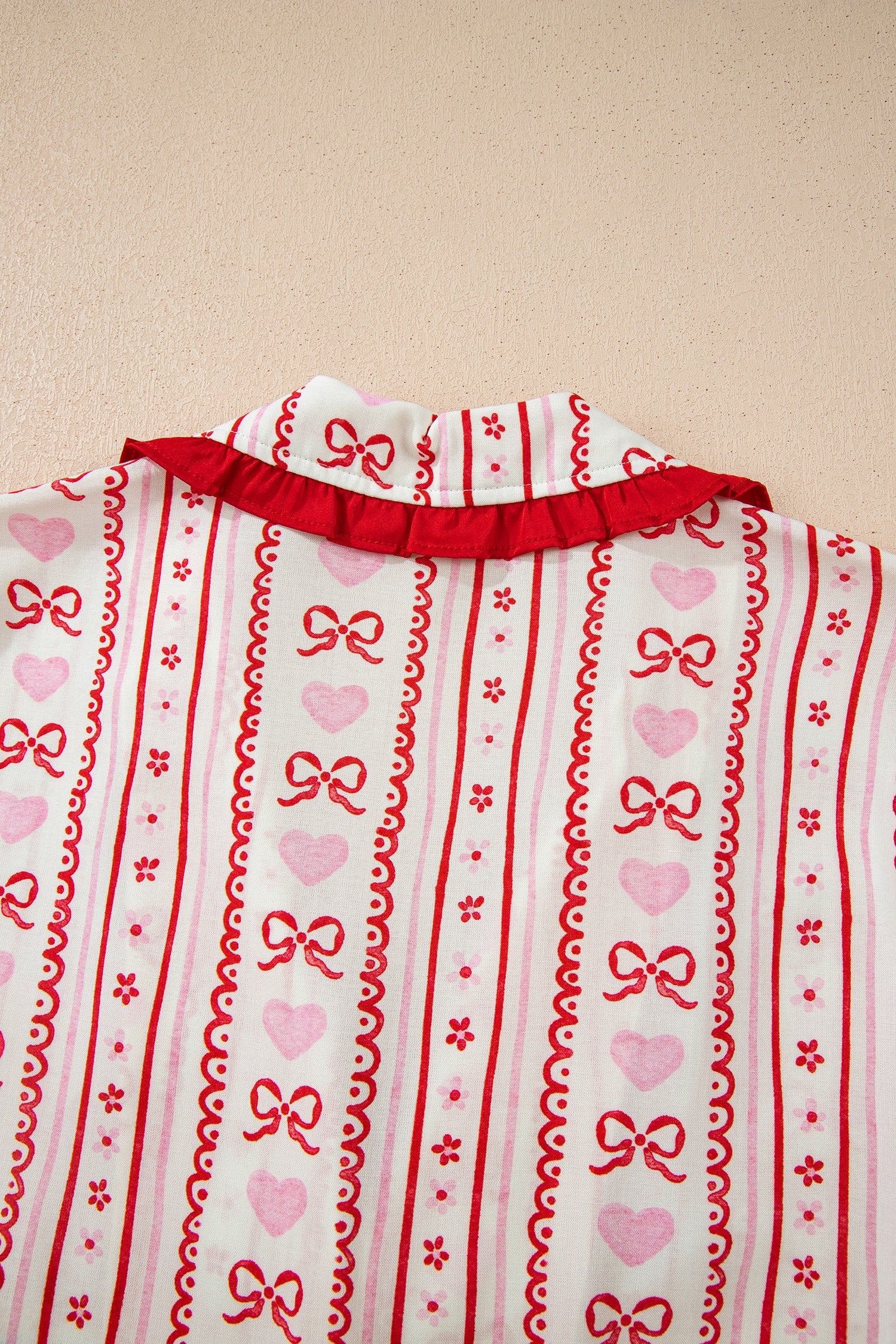 Red Sweet Floral Heart Bow Print Contrast Trim Long Sleeve Shirt Pyjama Short Set