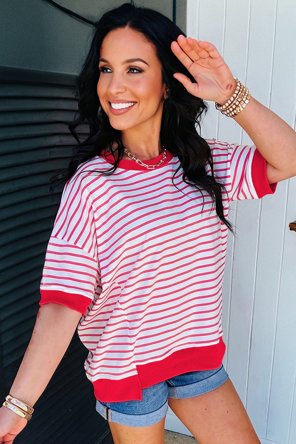 Red Stripe Drop Shoulder Half Sleeve T Shirt