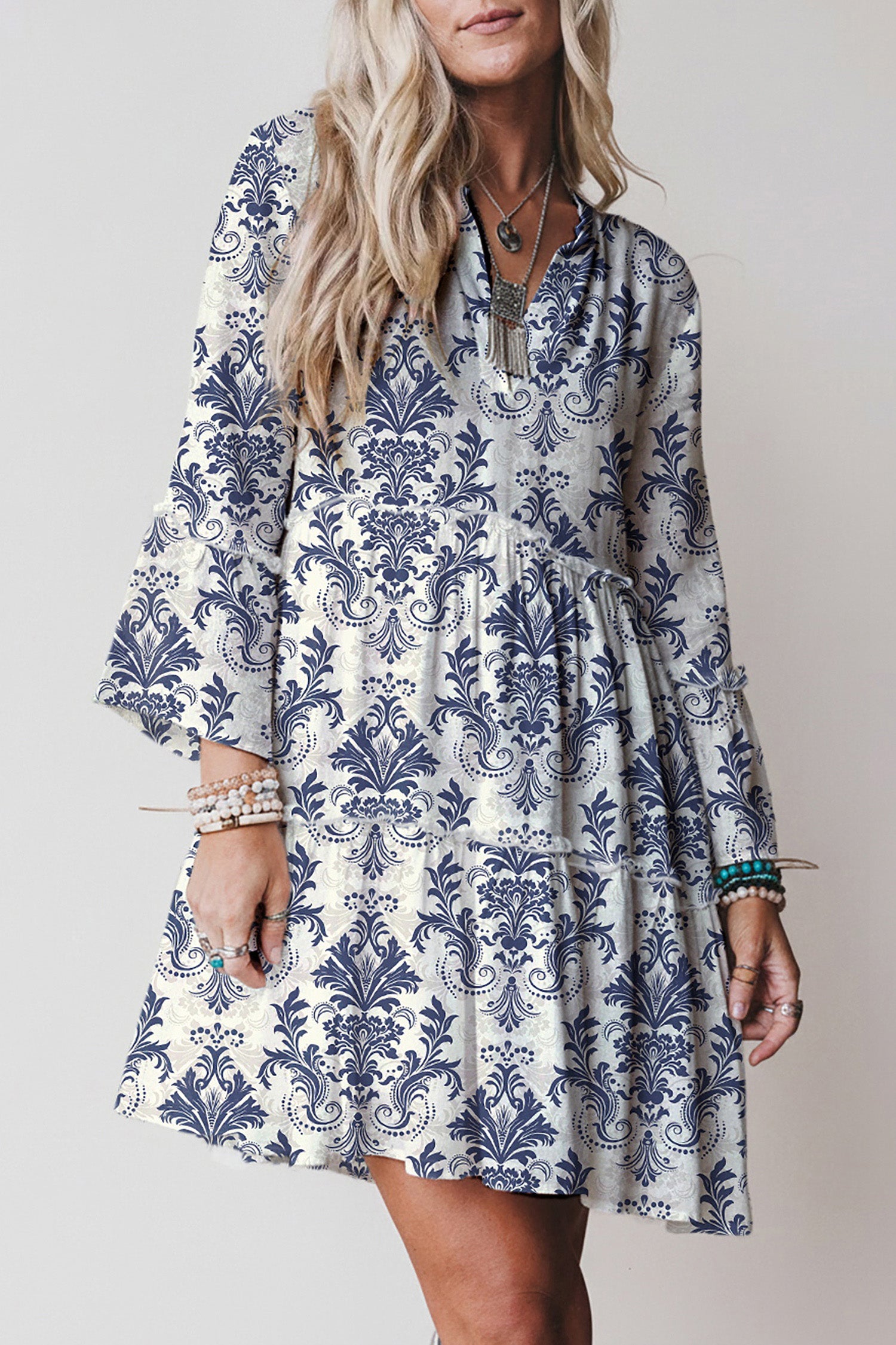 Boho Floral Print Lettuce Trim 3/4 Sleeve Mini Dress