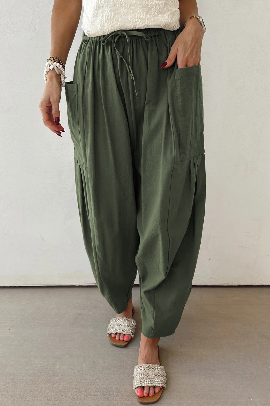 Drawstring Elastic Waist Patch Pocket Barrel Leg Casual Pants