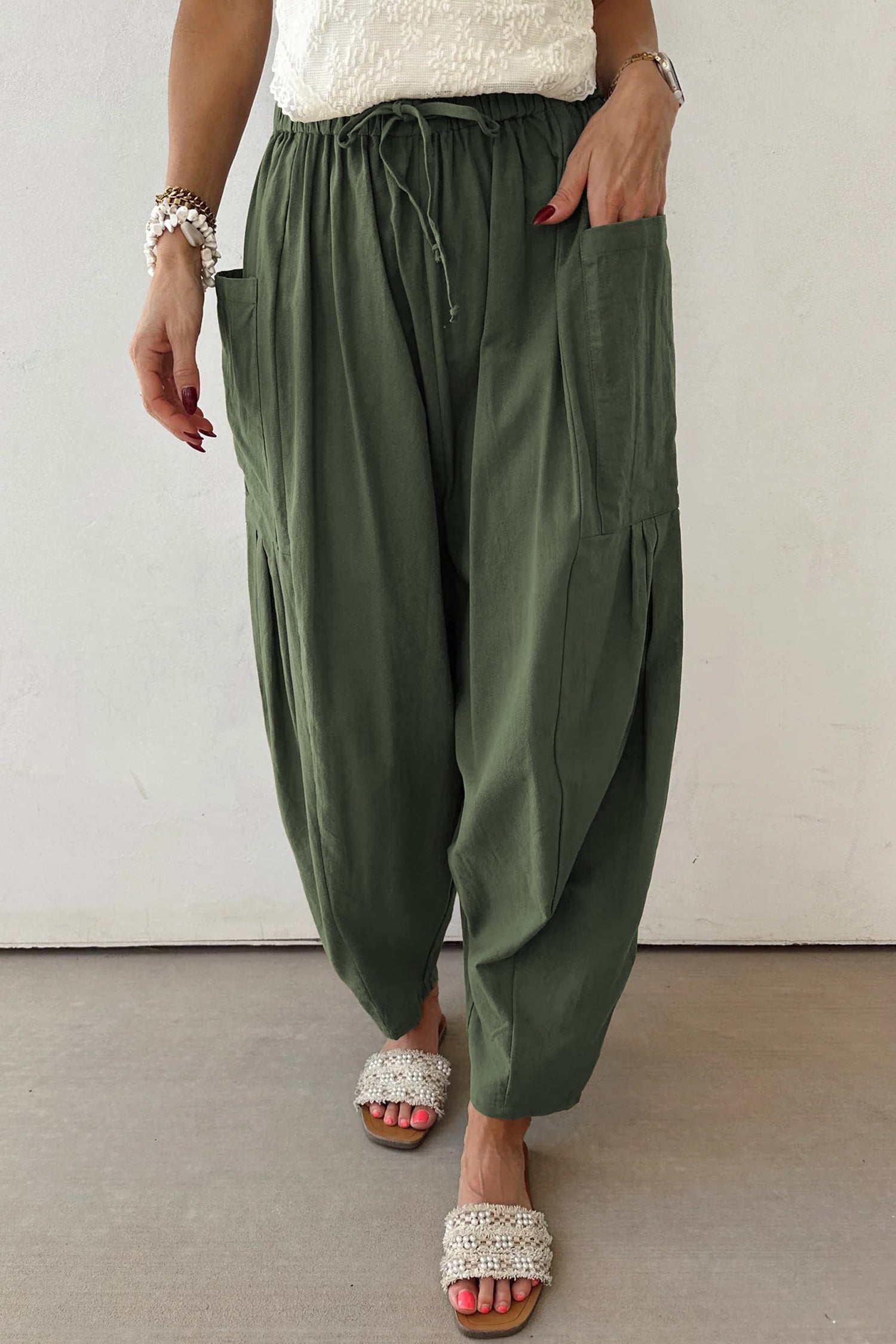 Drawstring Elastic Waist Patch Pocket Barrel Leg Casual Pants