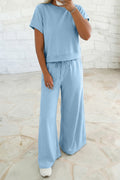 Mist Blue Solid Color Loose Tee Drawstring Wide Leg Pants 2pcs Outfit