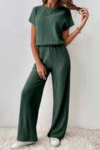 Dark Grey Ribbed Keyhole Short Sleeve Wide Leg Jumpsuit