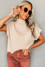 Dark Blue Patch Pocket Ribbed Knit Short Sleeve Sweater