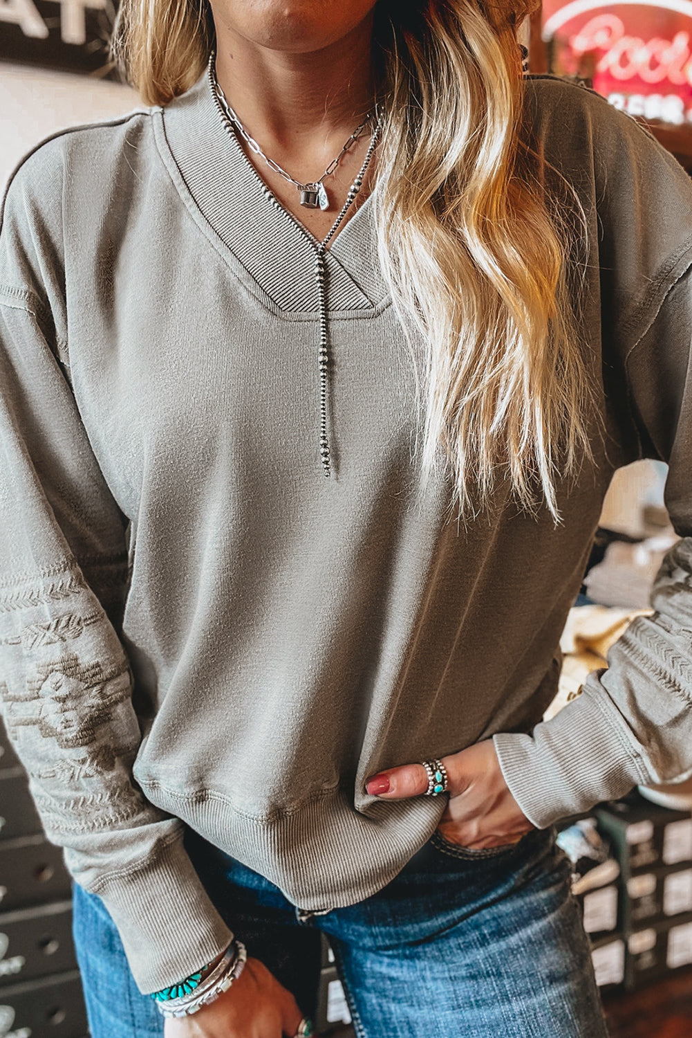 Parchment Aztec Embroidered Western V Neck Sweatshirt