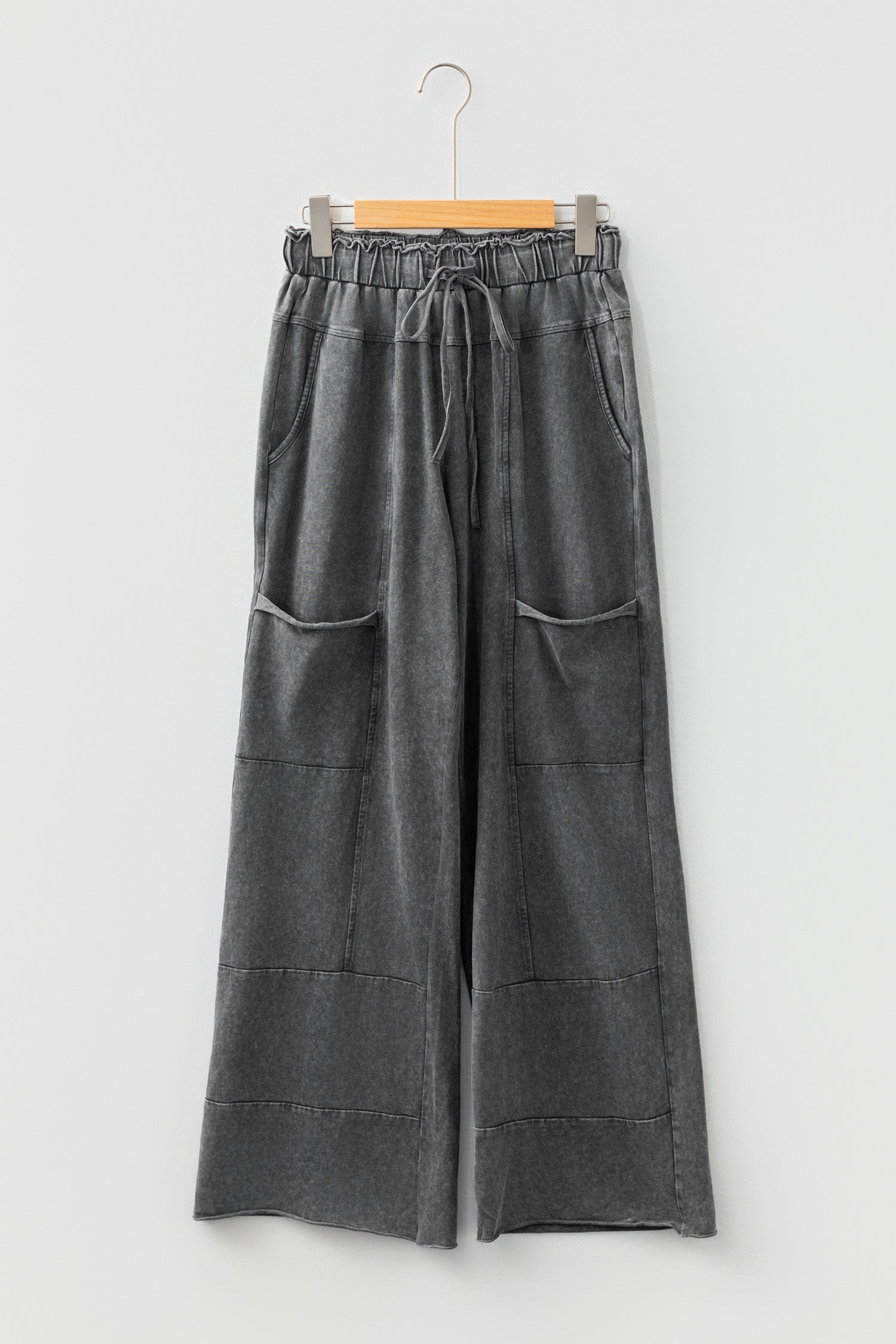 Mineral Wash Lace-up High Waist Raw Hem Patched Pocket Pants
