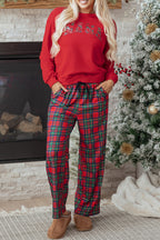 Red Plaid Mama Graphic Christmas Holiday Crewneck Pullover and Pants Two Piece Lounge Set