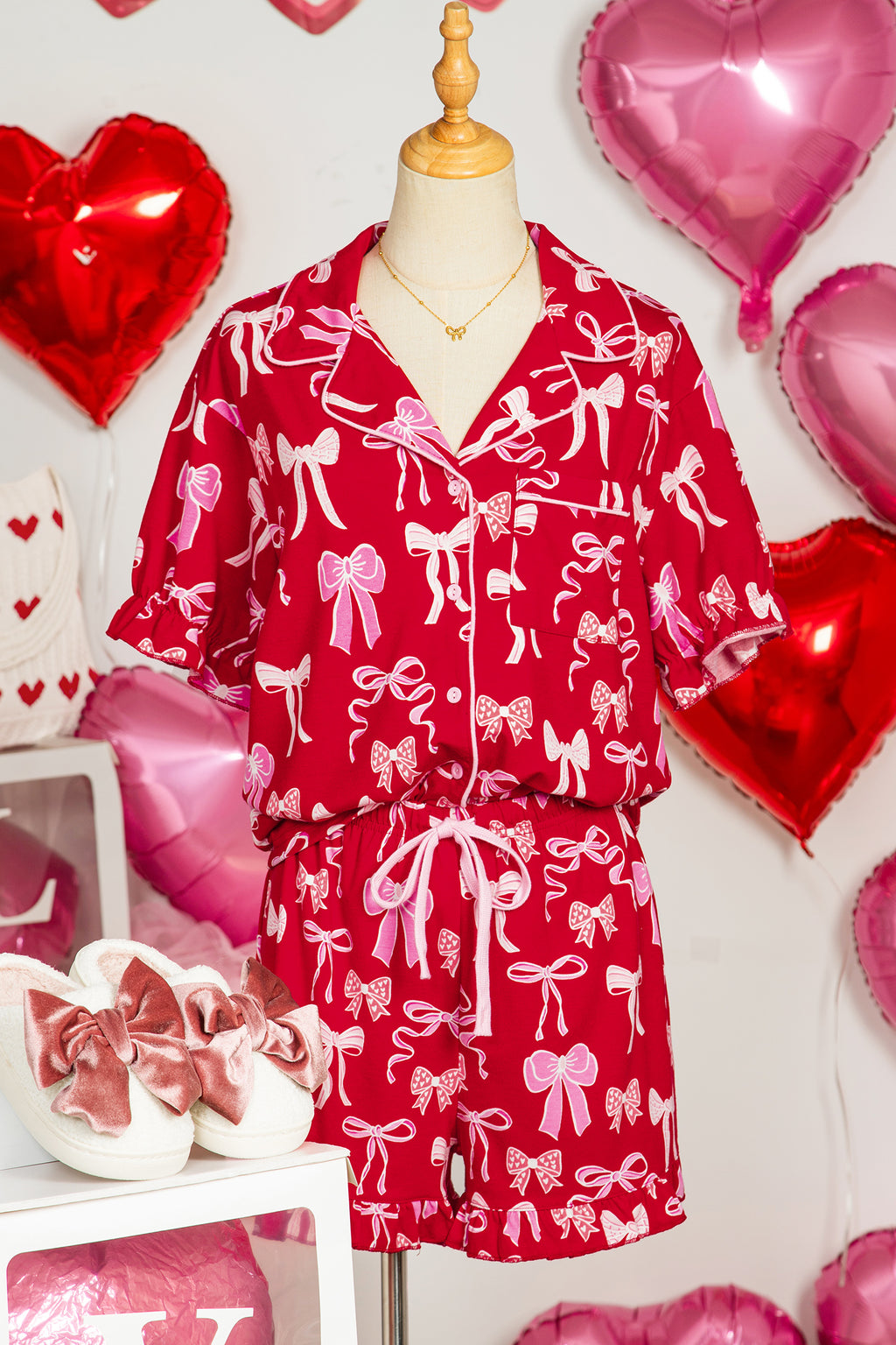 Red Sweet Bow Print Ruffled Short Sleeve Shirt Shorts 2pcs Pyjama Set
