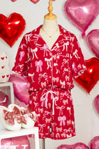 Red Sweet Bow Print Ruffled Short Sleeve Shirt Shorts 2pcs Pyjama Set