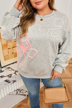 Light Grey Plus Size Thread Embroidered Drop Shoulder Round Neck Sweatshirt